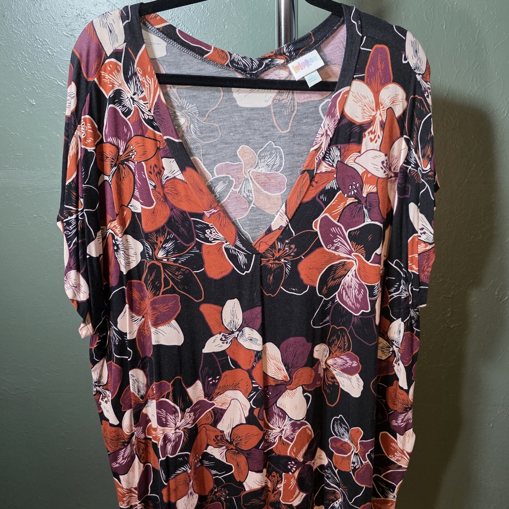 LuLaRoe Alice Black Floral V-Neck Tunic with Rust and Purple Blooms